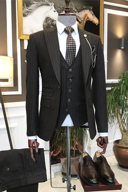 Benson Bespoke Brown Peaked Lapel 3-Piece Striped Business Men's Suit