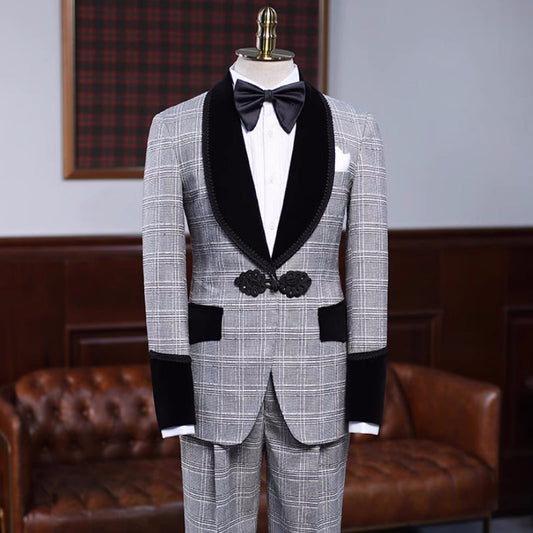 Burgess Newest Gray Plaid Shawl Lapel Wedding Suit for Men