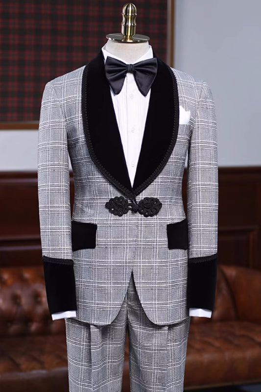 Burgess Newest Gray Plaid Shawl Lapel Wedding Suit for Men