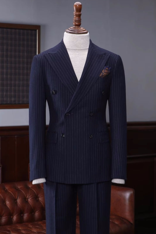 Cameron Handsome Navy Blue Striped Peaked Lapel Double Breasted Business Suit