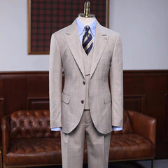 Broderick Khaki Plaid Three-Piece Peaked Lapel Prom Suit