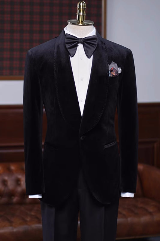 Colbert Classical Black Shawl Lapel Velvet Wedding Suit