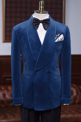 Clyde Charming Navy Blue Shawl Lapel Double Breasted Velvet Wedding Suit