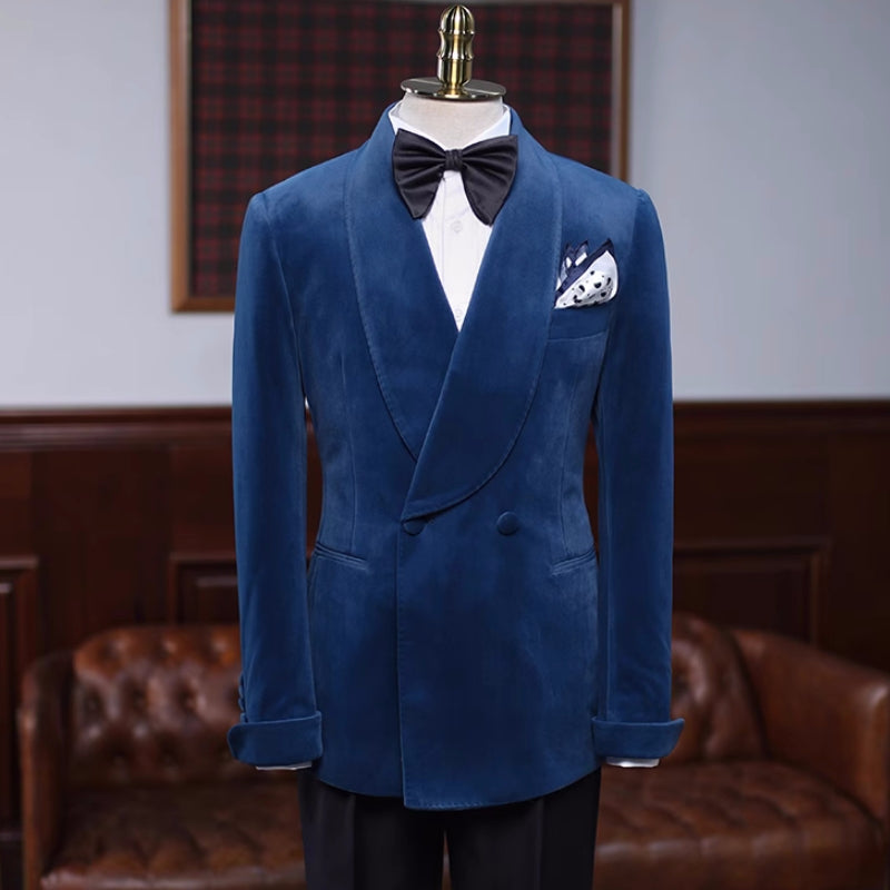 Clyde Charming Navy Blue Shawl Lapel Double Breasted Velvet Wedding Suit