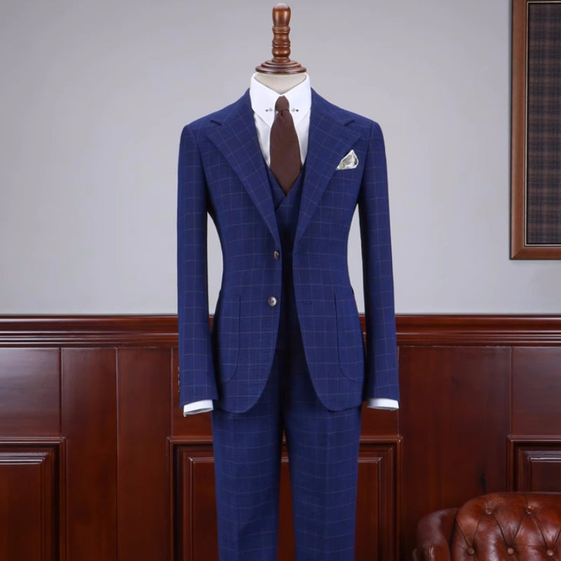 Curtis Stylish Dark Blue Plaid Notched Lapel 3-Piece Business Suit