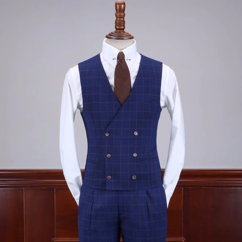 Curtis Stylish Dark Blue Plaid Notched Lapel 3-Piece Business Suit