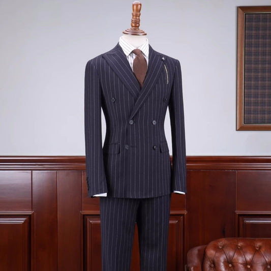 Cyril Special Navy Blue Striped Peaked Lapel Double Breasted Business Suit