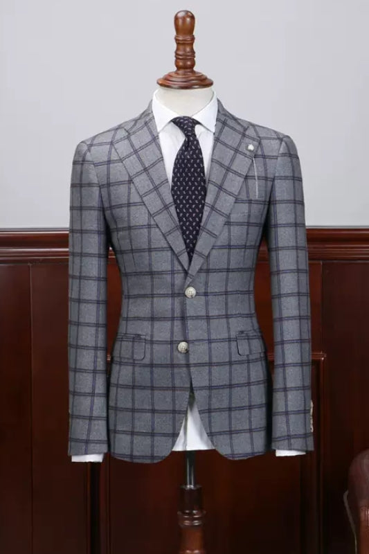 Darnell Gray Plaid Notched Lapel Business Suit for Men