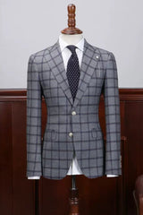 Darnell Gray Plaid Notched Lapel Business Suit for Men