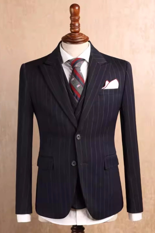 Davis Black Striped Peaked Lapel Three-Piece Business Suit