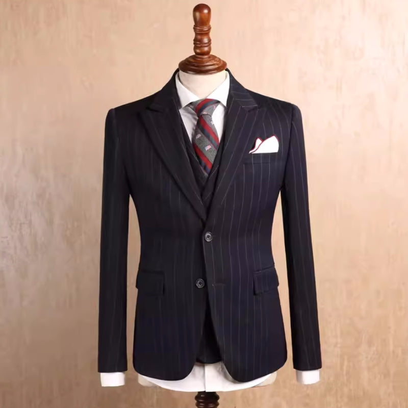 Davis Black Striped Peaked Lapel Three-Piece Business Suit