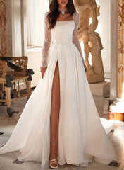 A-Line Square Neckline Long Sleeves Chiffon Wedding Dresses With High Split