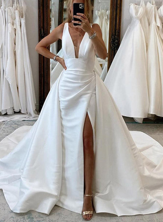 Satin A-Line Wedding Dress with V-Neck Sleeveless Design Sweep Train and High Split