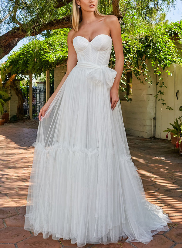 Sweetheart Sleeveless Sweep Train Tulle Wedding Dresses