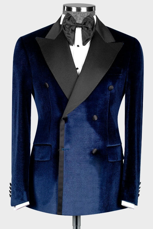 Harry New Arrival Navy Blue Peaked Lapel Double Breasted Velvet Prom Suit