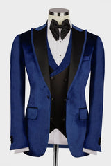 Hayes Navy Blue Three-Piece Velvet Peaked Lapel Prom Suit