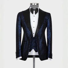 Herbert Fashion Navy Blue Jacquard Peaked Lapel 3-Piece Prom Suit