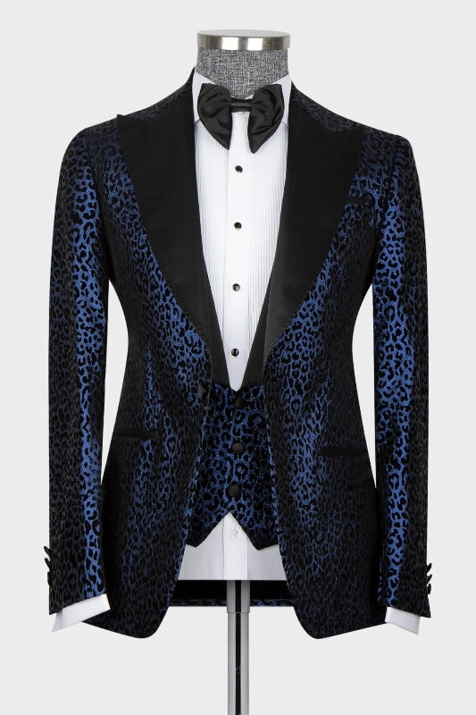 Herbert Fashion Navy Blue Jacquard Peaked Lapel 3-Piece Prom Suit