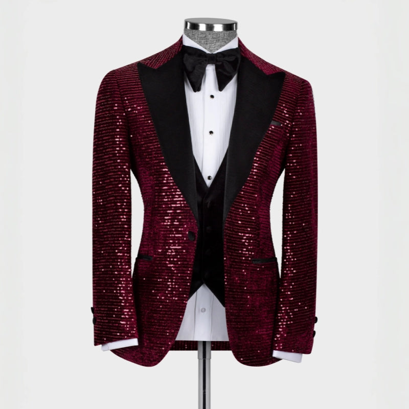 Hobart Generous Burgundy Peaked Lapel 3-Piece Sequins Prom Suit