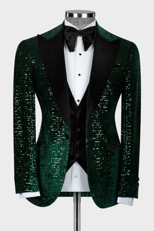 Hiram Dark Green Sequins Peaked Lapel Three-Piece Prom Suit