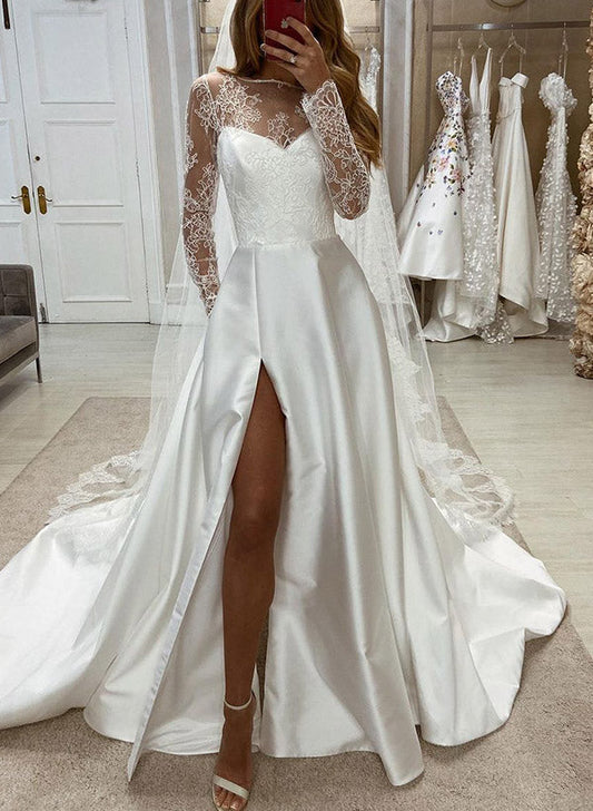 Illusion Neck Long Sleeves Satin Wedding Dresses With Lace