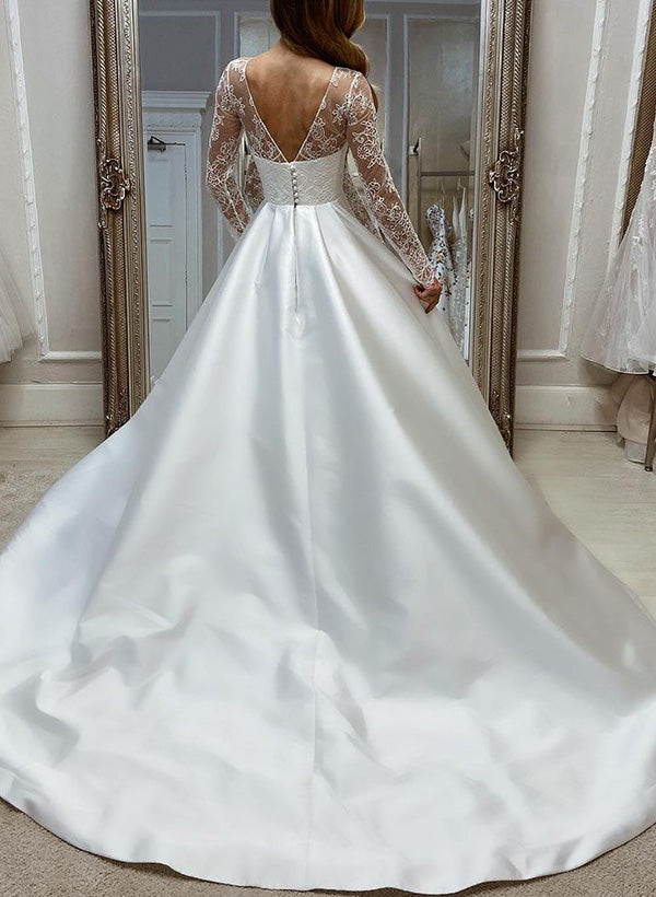 Illusion Neck Long Sleeves Satin Wedding Dresses With Lace