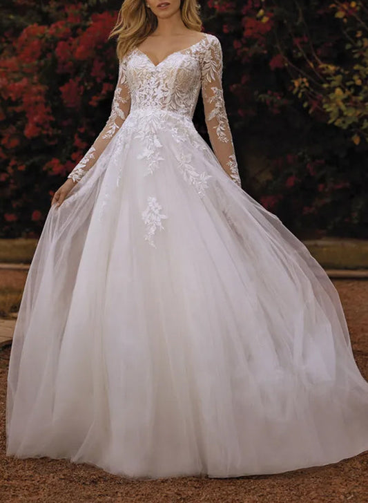 V-Neck A-Line Wedding Dresses With Long Sleeves Lace/Tulle and Appliques Lace