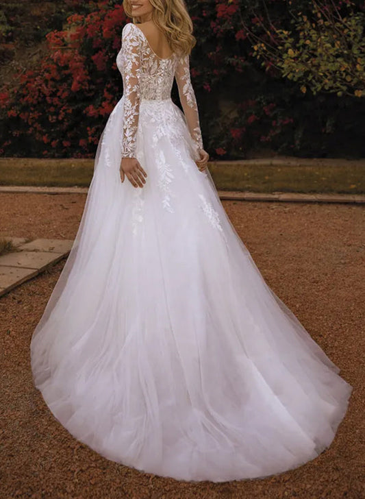 V-Neck A-Line Wedding Dresses With Long Sleeves Lace/Tulle and Appliques Lace