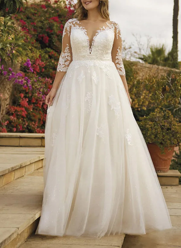 Illusion Neck A-Line Wedding Dresses with Sequins Lace/Tulle and 3/4 Sleeves