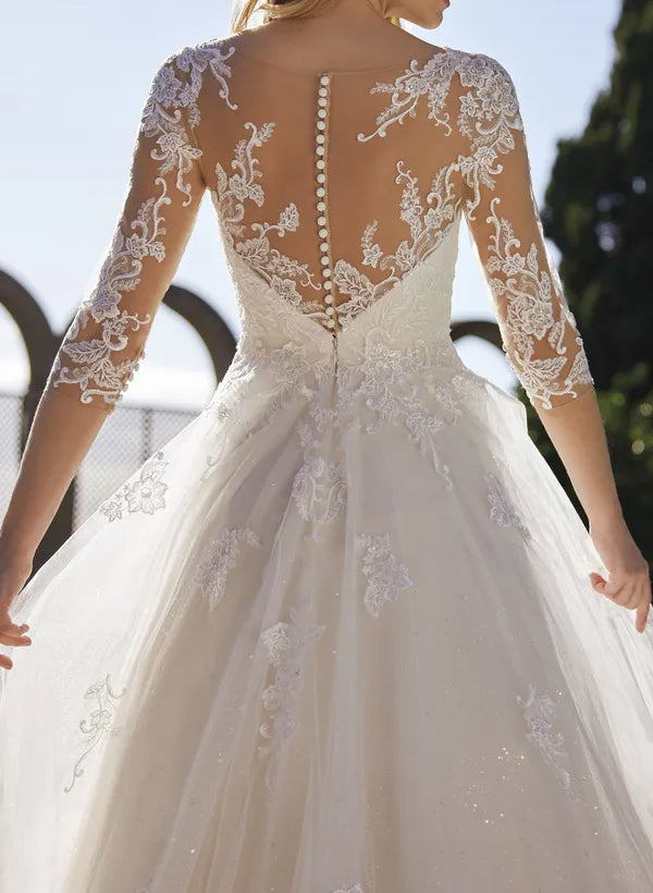 Illusion Neck A-Line Wedding Dresses with Sequins Lace/Tulle and 3/4 Sleeves