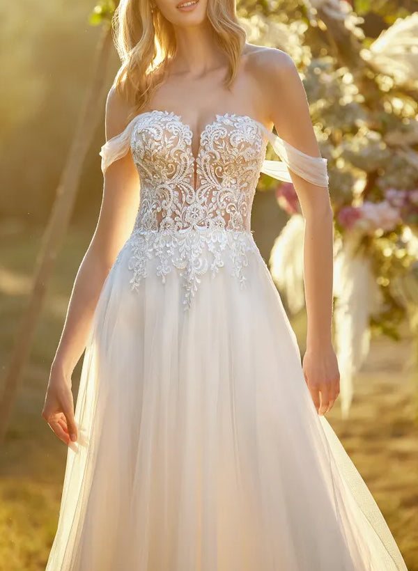 Off-The-Shoulder Sleeveless Lace/Tulle Wedding Dress With Appliques Lace