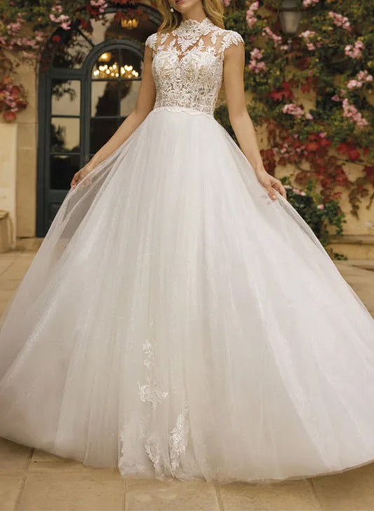 High Neck Sleeveless Lace/Tulle A-Line Wedding Dress With Back Hole