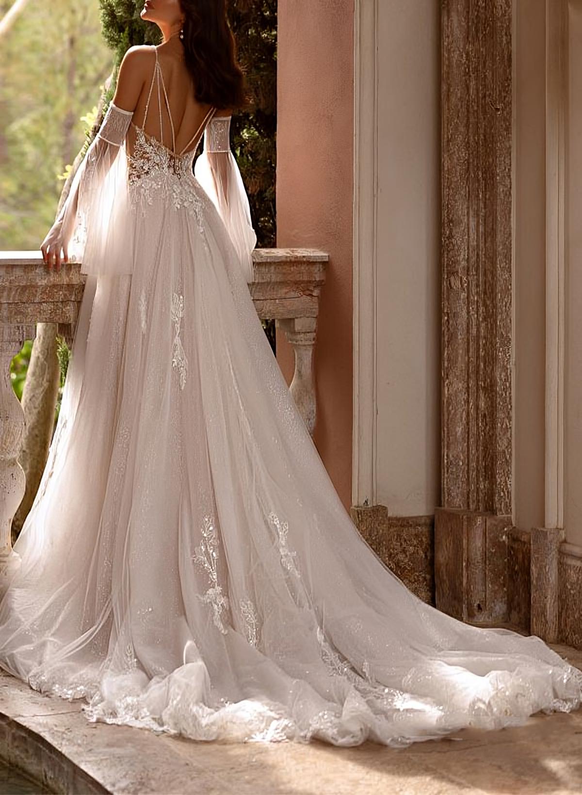 Sweetheart Court Train Wedding Dresses With Appliques Lace