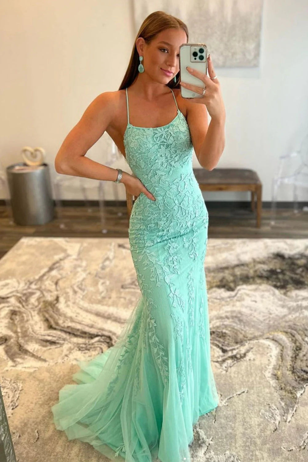 Blue Halter Backless Prom Dress