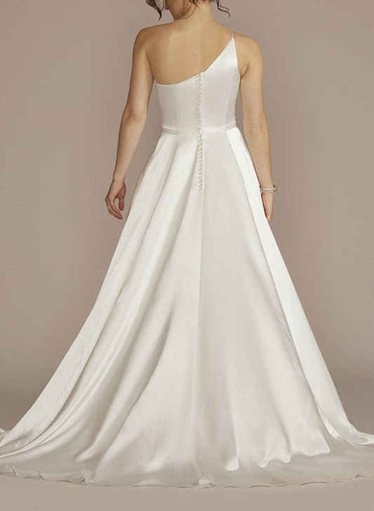 A-Line One-Shoulder Sleeveless Sweep Train Silk Like Satin Wedding Dresses