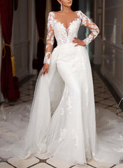 Trumpet Mermaid Long Sleeves Tulle Wedding Dresses Appliques Lace