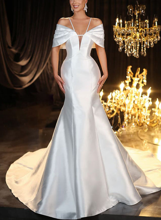 Halter Sleeveless Trumpet Mermaid Sweep Train Satin Wedding Dresses