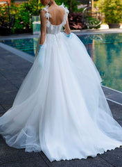 A-Line Square Neckline Sleeveless Sweep Train Lace/Tulle Bridal Gowns