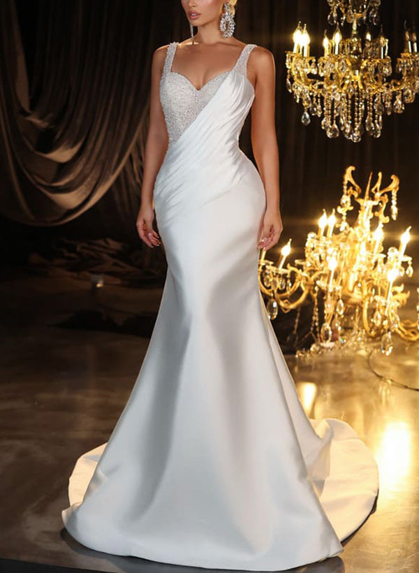 Sleeveless Sweetheart Satin/Sequined Trumpet/Mermaid Wedding Dresses