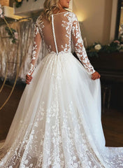 A-Line V-Neck Long Sleeves Tulle Wedding Dresses With Appliques Lace