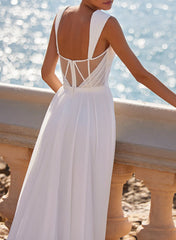 A-Line Square Neckline Sleeveless Chiffon Wedding Dresses With High Split