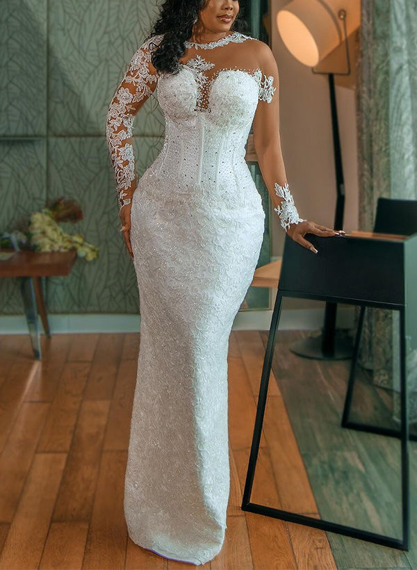 Illusion Neck Long Sleeves Lace/Satin Sheath/Column Wedding Dresses