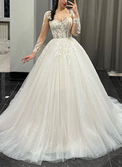 Lace/Tulle Ball-Gown Wedding Dress with Sweetheart Neckline Long Sleeves and Court Train