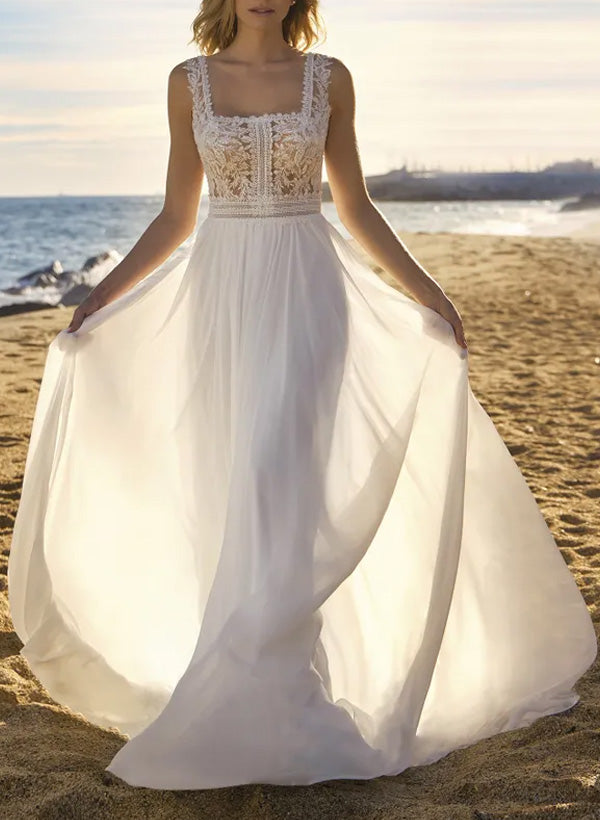 A-Line Square Neckline Sleeveless Sweep Train Chiffon/Lace Wedding Dresses