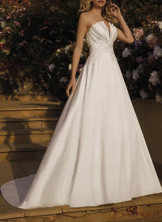 A-Line V-Neck Sleeveless Court Train Satin Wedding Dresses With Lace