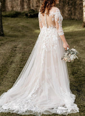 Illusion Neck A-Line Wedding Dresses with 3/4 Sleeves and Court Train in Lace/Tulle