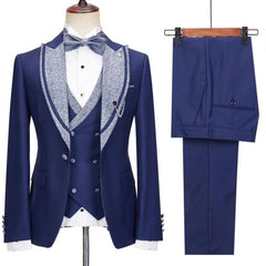 Dark Blue Bespoke Peaked Lapel Three-Piece Wedding Suit - Newest