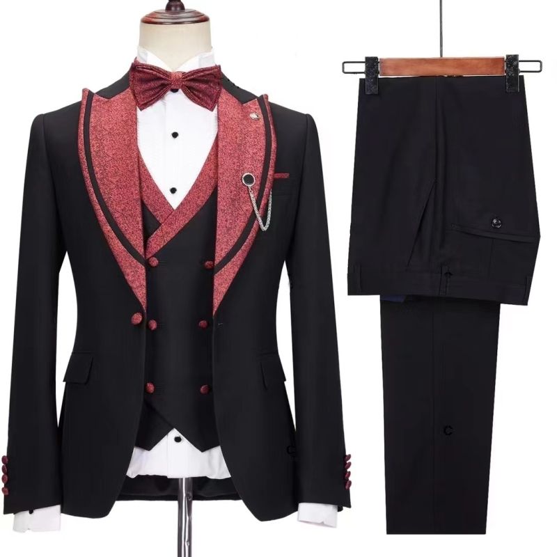 Black Fitted Peaked Lapel Three-Piece Wedding Suit