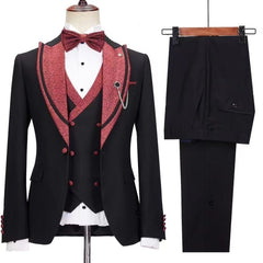 Black Fitted Peaked Lapel Three-Piece Wedding Suit