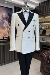 Silvester White Peaked Lapel Double Breasted Jacquard Men's Suit